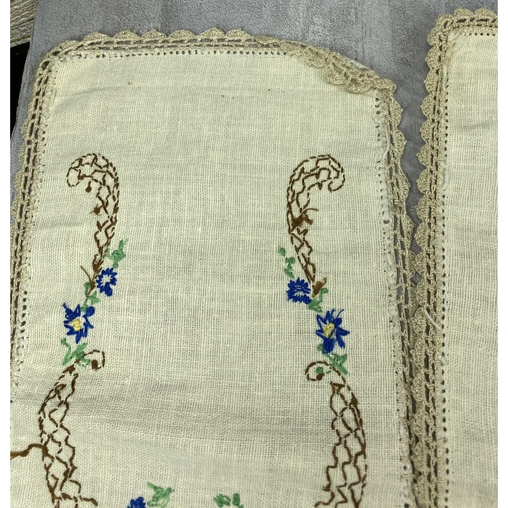 Vintage Beige Linen Embroidered Floral Couch Arm Covers Decor Crochet Set 3
